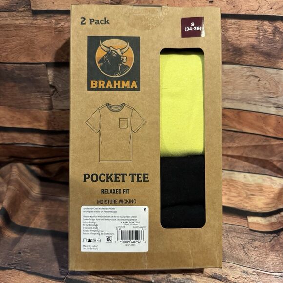 Brahma Men's S 34 - 36 2-Pack Pocket Tee Shirt Yellow Black Relaxed Fit Workwear - Picture 2 of 6
